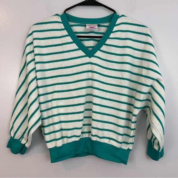 Vintage Speedo Green & White Striped Dolman Cuffed Blouse Size Medium - Picture 1 of 11